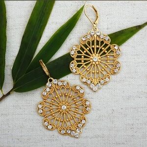 Catherine Popesco Large Gold Filigree Petal Earrings with Crystals, NWT  2 1/2"